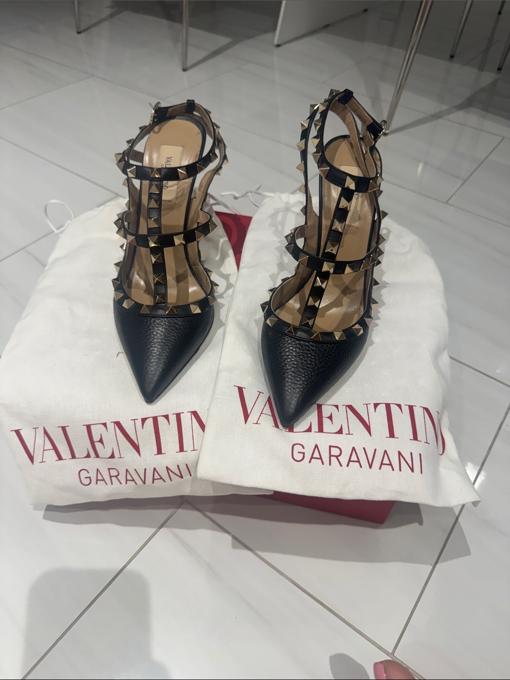 Valentino Garavani Black Leather Rockstud T-Strap Pointed-Toe Heels